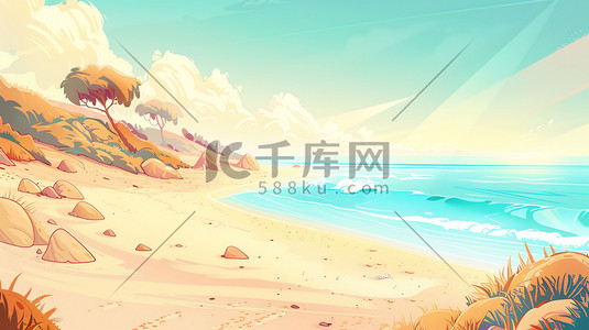 绘画风景海边沙滩岩石景色的插画