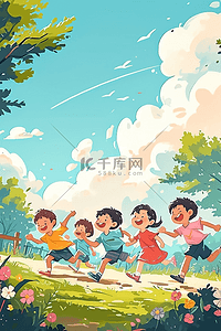 夏天可爱孩子奔跑海报手绘插画