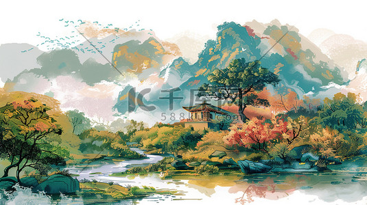 绘画风景区山景流水小桥的插画