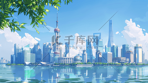 上海东方明珠沿海建筑的插画