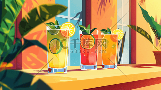 倒水的杯子插画图片_彩色绘画水果饮料吸管的插画