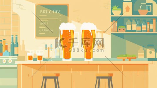 狗狗喝啤酒插画图片_绘画彩色啤酒屋展台上啤酒的插画