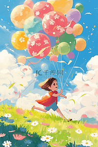 渔民裤子插画图片_可爱女孩气球奔跑夏天手绘插画海报