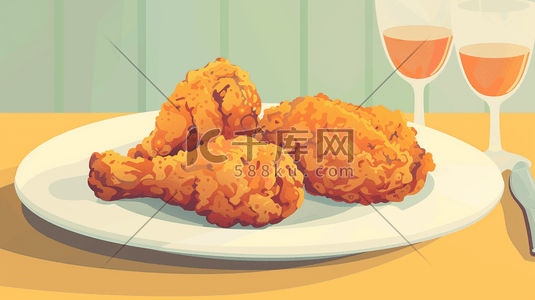 红酒可口美味插画图片_手绘美味食物鸡腿的插画