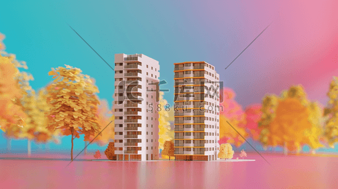 彩色场景楼房建筑树木立体的插画