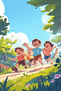 卡通奔跑的孩子插画图片_可爱孩子奔跑夏天手绘插画海报