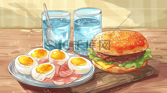 营养健康饮食汉堡鸡蛋的插画