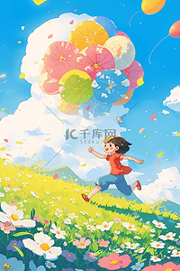 渔民裤子插画图片_可爱女孩气球奔跑手绘夏天插画海报