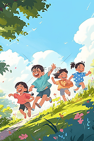 插画海报夏天可爱孩子奔跑手绘