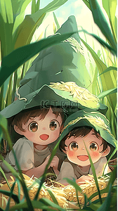 帽子男士插画图片_端午节兩個戴著綠色帽子的可愛孩子原创插画