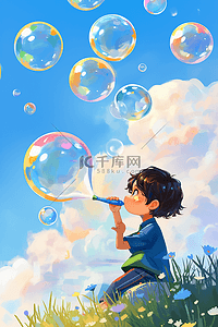 泡泡花边插画图片_可爱男孩吹泡泡手绘插画海报夏天