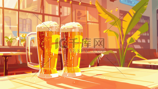 青岛啤酒logo插画图片_绘画彩色啤酒屋展台上啤酒的插画