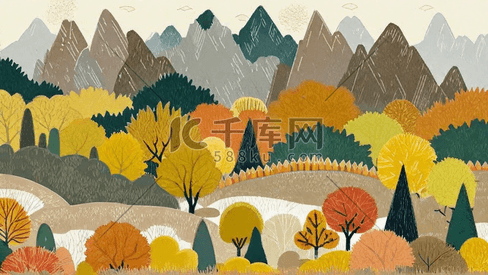 初秋秋天枫树林山林颗粒质感水彩插画