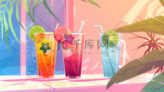 彩色绘画室内夏季饮品清凉饮料的插画