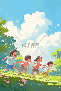 海报夏天可爱孩子奔跑手绘插画