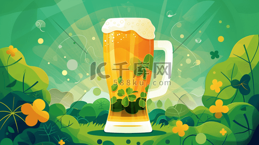 手绘绘画四叶草树叶啤酒的插画