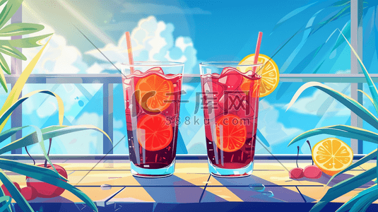 乳酸菌饮品背景图插画图片_彩色绘画室内夏季饮品清凉饮料的插画
