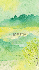 山水绿色风景插画图片_肌理磨砂水彩插画黄绿色渐变山水16