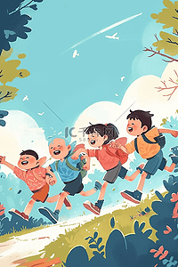 夏天插画海报可爱孩子奔跑手绘
