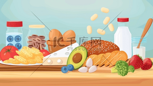 燕麦片酸奶沙拉插画图片_彩色手绘绘画燕麦干果面包的插画