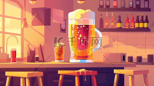 啤酒原料插画图片_绘画彩色啤酒屋展台上啤酒的插画