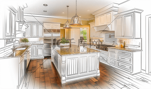 新项目启动插画图片_白底黑色定制厨房设计图