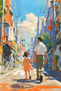 父亲节手绘海报插画图片_父亲节插画父亲女儿散步手绘海报