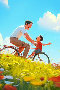 创造质量插画图片_父亲孩子骑车玩耍手绘夏天插画