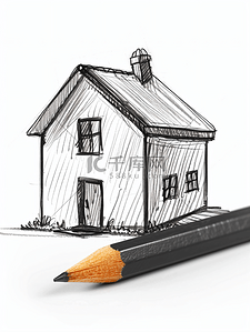 锤子铅笔画插画图片_在白色背景上定制黑色铅笔房屋绘图