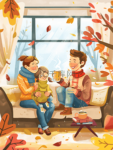 猪新年快乐插画图片_快乐的家庭在沙发上放松喝热茶