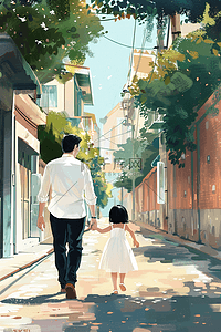 父亲节父亲女儿散步插画海报手绘