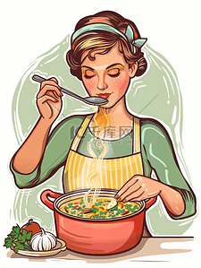 家庭主妇品尝新鲜的热汤