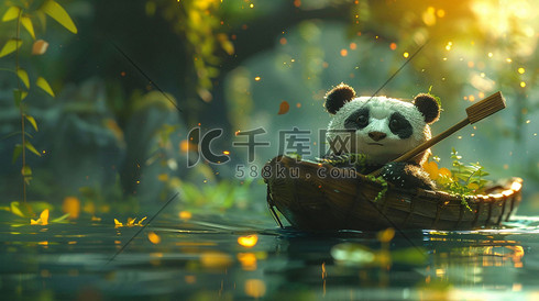 熊猫划船立体合成创意插画