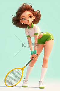 女孩的头发插画图片_海报女孩运动网球手绘3d立体插图