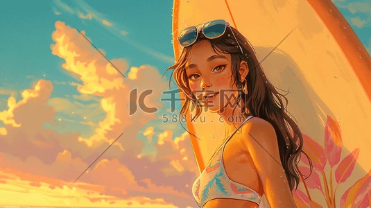 健康夏季插画图片_拿着冲浪板的女性插画10