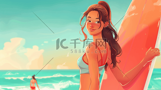 夏季健康插画图片_拿着冲浪板的女性插画5