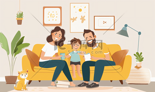 娱乐游戏插画图片_幸福的家庭坐在客厅舒适的沙发上家庭有趣的活动