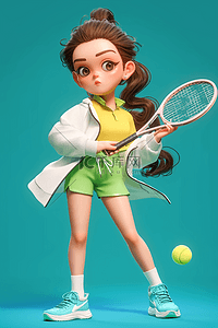 手绘绿色海报插画图片_运动女孩网球手绘插画海报