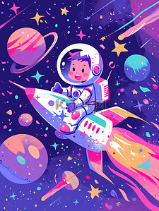 太空徽标插画图片_太空坐在火箭的小男孩插画海报