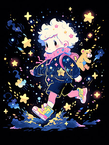 特效星星闪烁插画图片_可爱的小男孩追逐星星矢量插画