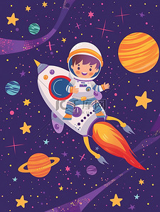 太空徽标插画图片_太空坐在火箭的小男孩插图