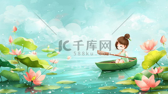 荷叶特写插画图片_荷塘中划船的儿童5