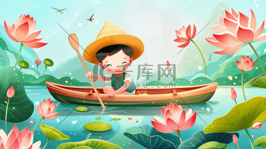 冬季荷塘插画图片_荷塘中划船的儿童23