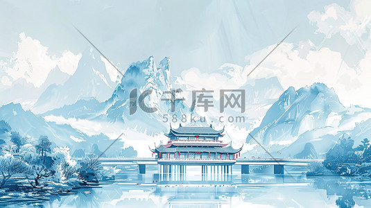 中式照片边框插画图片_山林湖泊边的中式古建筑插画