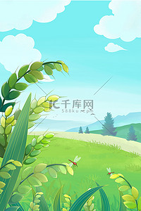 小麦和大豆插画图片_绿色蓝天白云小满小麦麦田庄家田园背景