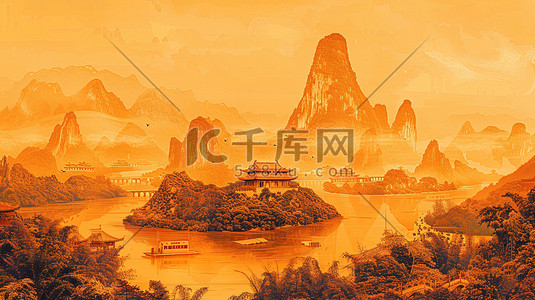 山林唯美湖泊边的中国古建筑插画