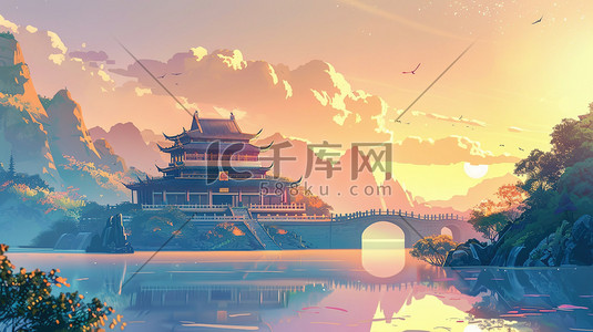 国风手绘山插画图片_山林湖泊边的手绘中国古建筑插画