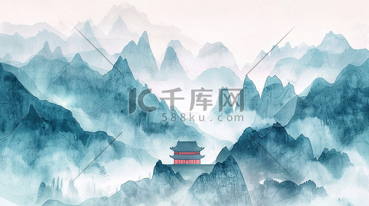 中国风春边框插画图片_山林湖泊边的唯美中国古建筑插画