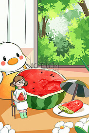 夏季美食西瓜冰淇淋插画
