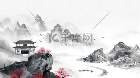 山林湖泊边的中国古建筑水墨插画